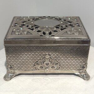 Vintage Silver Jewelry Box with Rhinestones Decorative Keepsake Trinket Storage